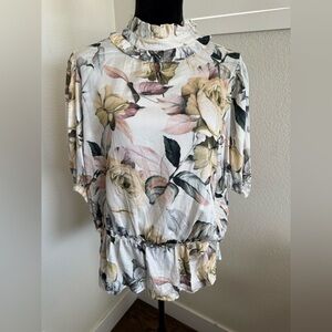 Tahari Woman Floral Blouse with Ruffle Neck
